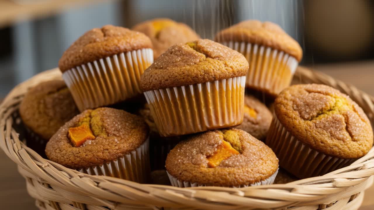 Freshly Baked Muffins in a Rustic Basket Showcasing Delicious Treats with Golden Brown Topping and Sweet Fruit Accents, Perfect for Any Gathering or Afternoon Snack