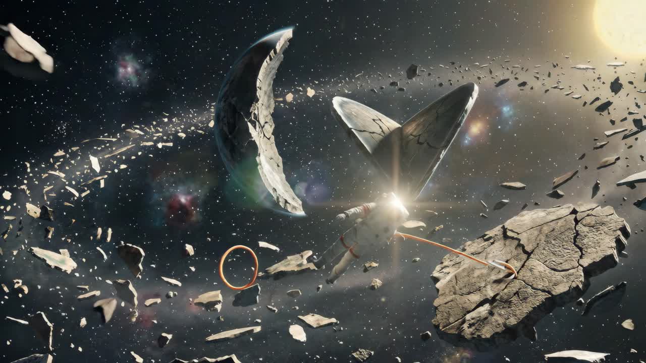 Astronauta che fluttua attraverso un campo di detriti nello spazio profondo