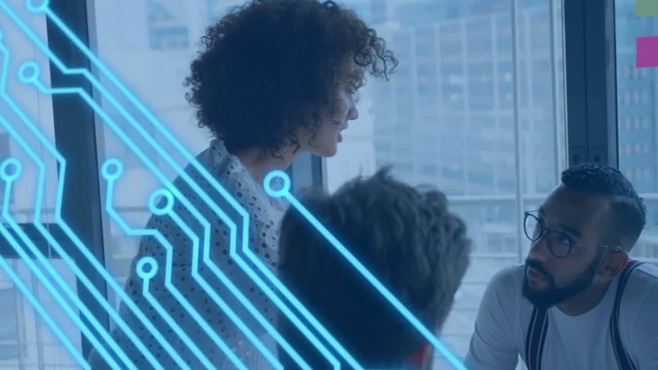 Collaborating in office, business team with animation of digital circuit pattern