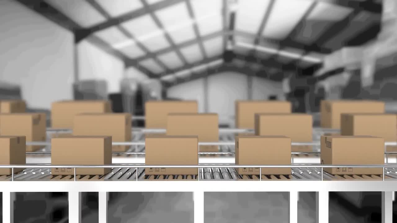 Animation of cardboard boxes moving on conveyor belts in warehouse