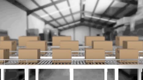 animación de cajas de cartón que se mueven en cintas transportadoras en el almacén