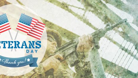 Composition-of-veterans-day-thank-you-text,-with-american-flags-over-soldier-holding-gun