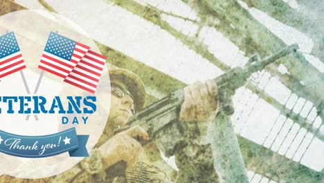 composition of veterans day thank you text, with american flags over soldier holding gun