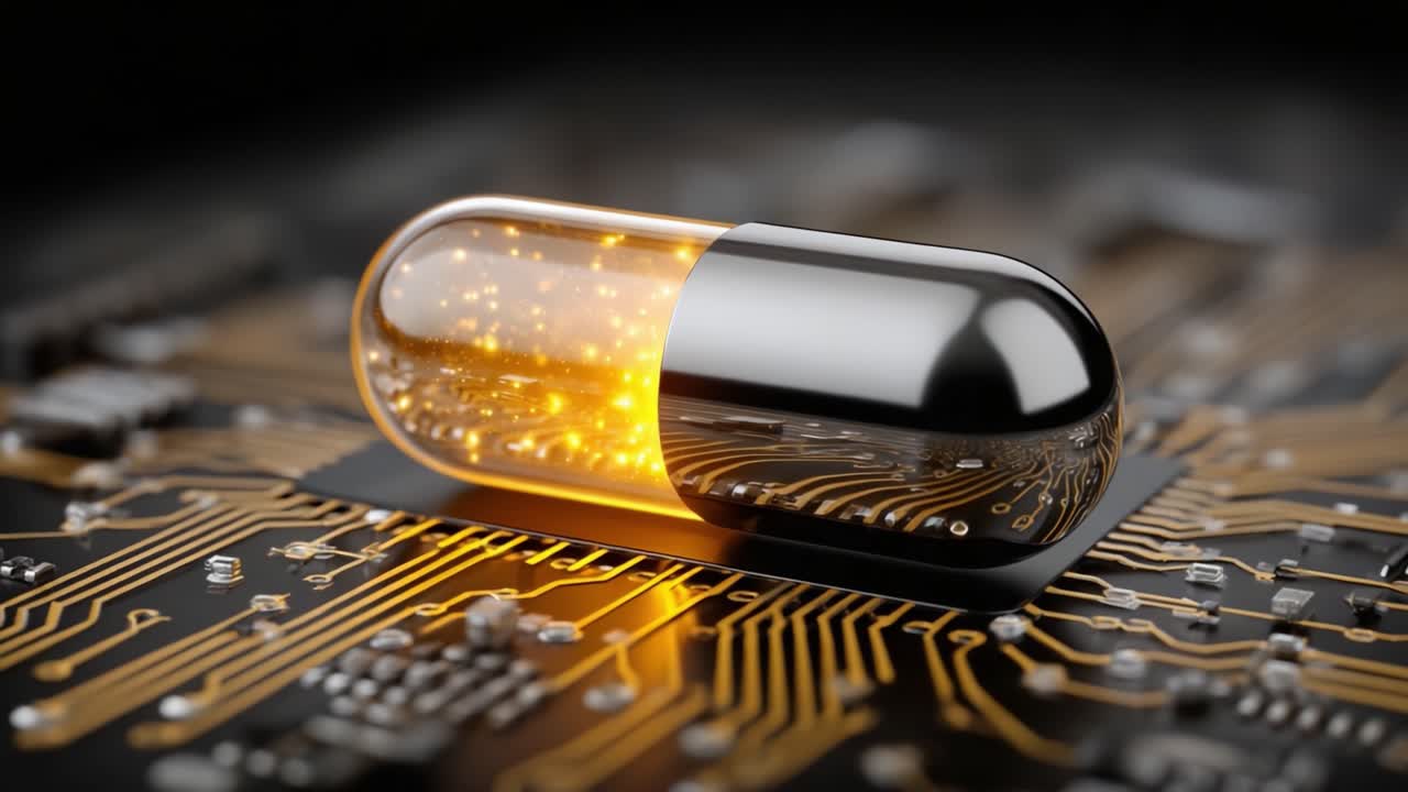 A Glowing Capsule Resting on a Circuit Board: Exploring the Intersection of Medicine and Technology in a Futuristic Setting