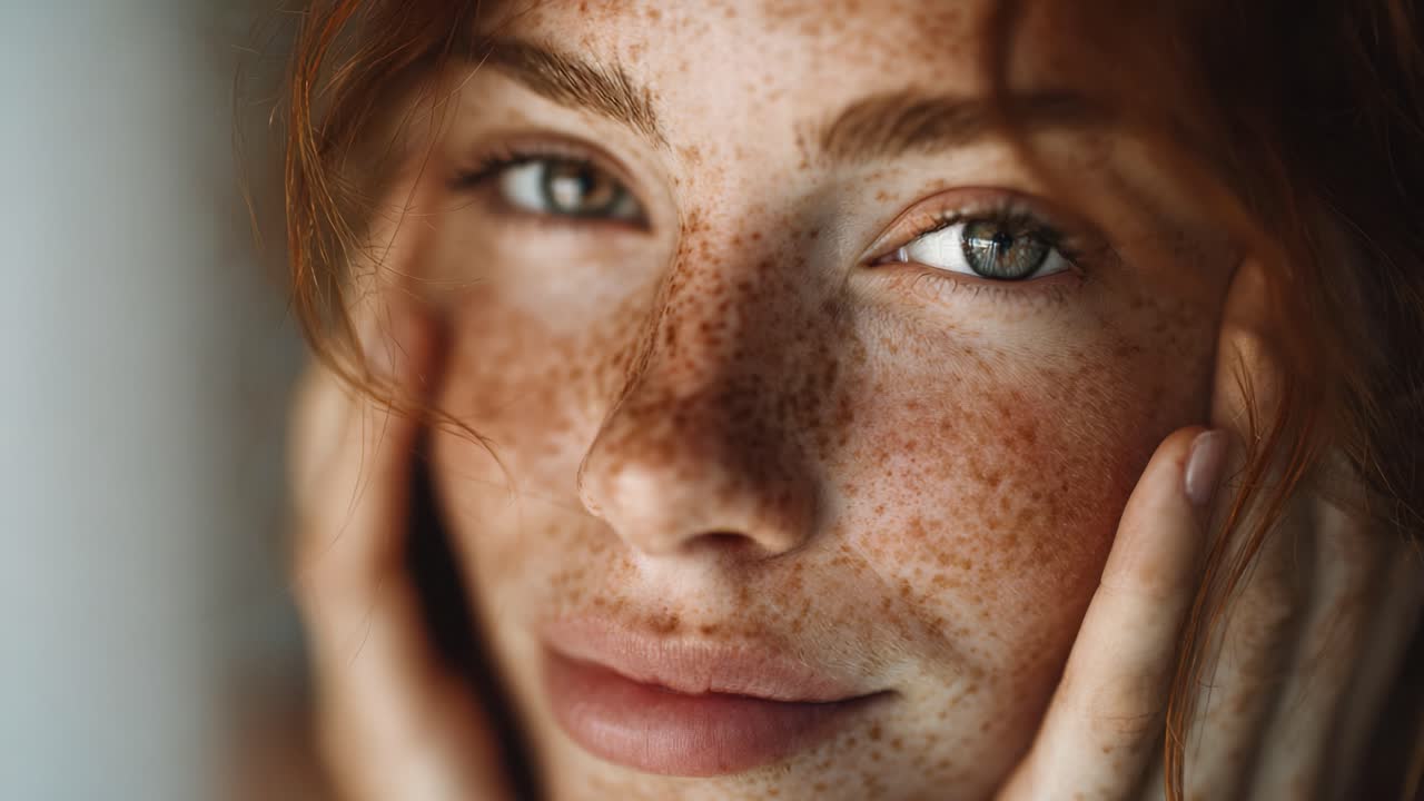 Captivating Close-Up of a Freckled Young Woman Displaying Natural Beauty and Emotions Through Expressive Eyes and Gentle Touches to Her Face