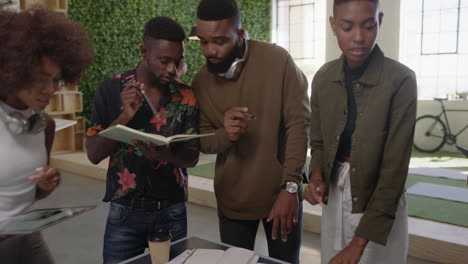professional african american business people brainstorming creative team sharing ideas office manager businessman collaborating with colleagues working together in trendy workplace