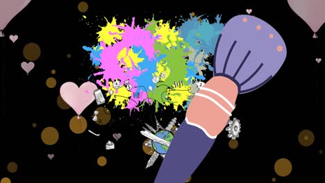 animation of paint brush and paint splodges over black background