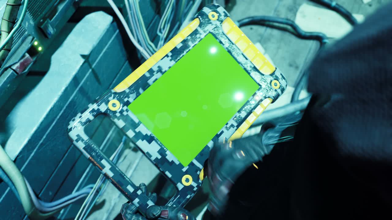 un hombre cibernético en su laboratorio de alta tecnología trabaja en su tableta con pantalla verde. animación para fondos futuristas, de ficción, cibernéticos y de ciencia ficción. una vista de un cyborg en su laboratorio del futuro.