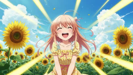 a joyful moment captured amidst a field of sunflowers, showcasing a young girl in a yellow dress radiating happiness and serenity under a bright blue sky