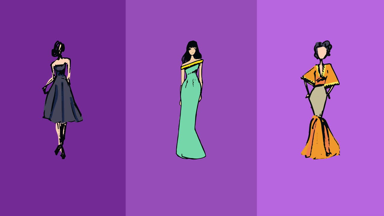 animação de desenhos de moda de modelo em fundo roxo