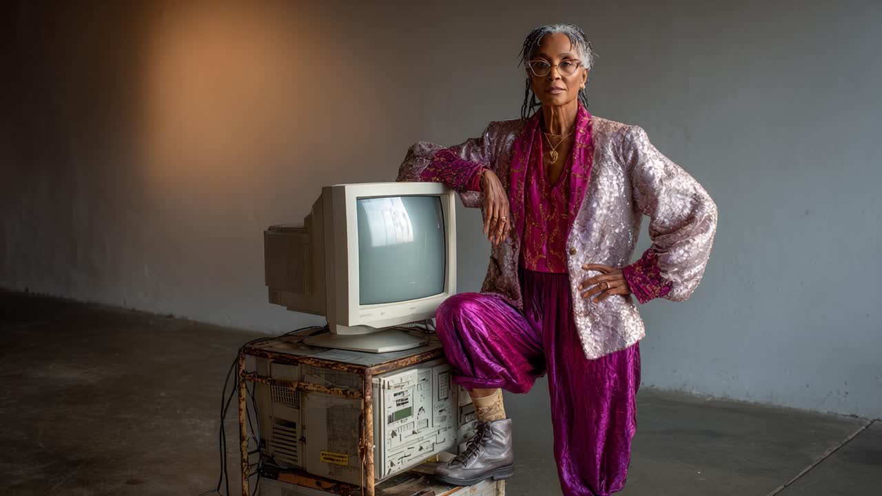 Un ritratto suggestivo di un individuo elegante vestito con un abito vibrante e scintillante, che posa con sicurezza accanto a un vecchio computer, evocando un connubio unico di estetica vintage e moderna.