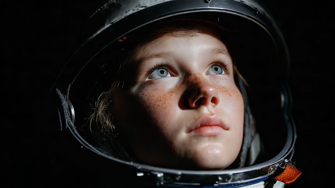 Un giovane sognatore con un casco da astronauta: un ritratto che cattura le aspirazioni dell'esplorazione spaziale e la meraviglia dell'universo in un'ambientazione con luci intense