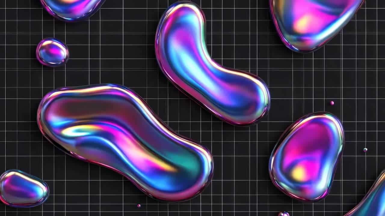 Abstract video concept with iridescent blobs on a grid background