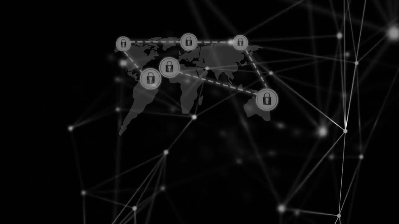 Rete di connessioni su una rete di icone di lucchetti di sicurezza su sfondo di mappa del mondo su sfondo nero