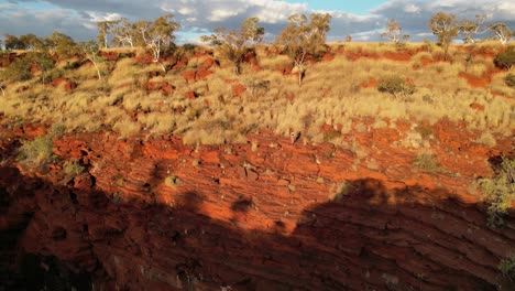 Isolated-woman-walking-and-admiring-panorama-on-edge-of-Joffre-deep-gorge-during-hiking-adventure,-Western-Australia-desert