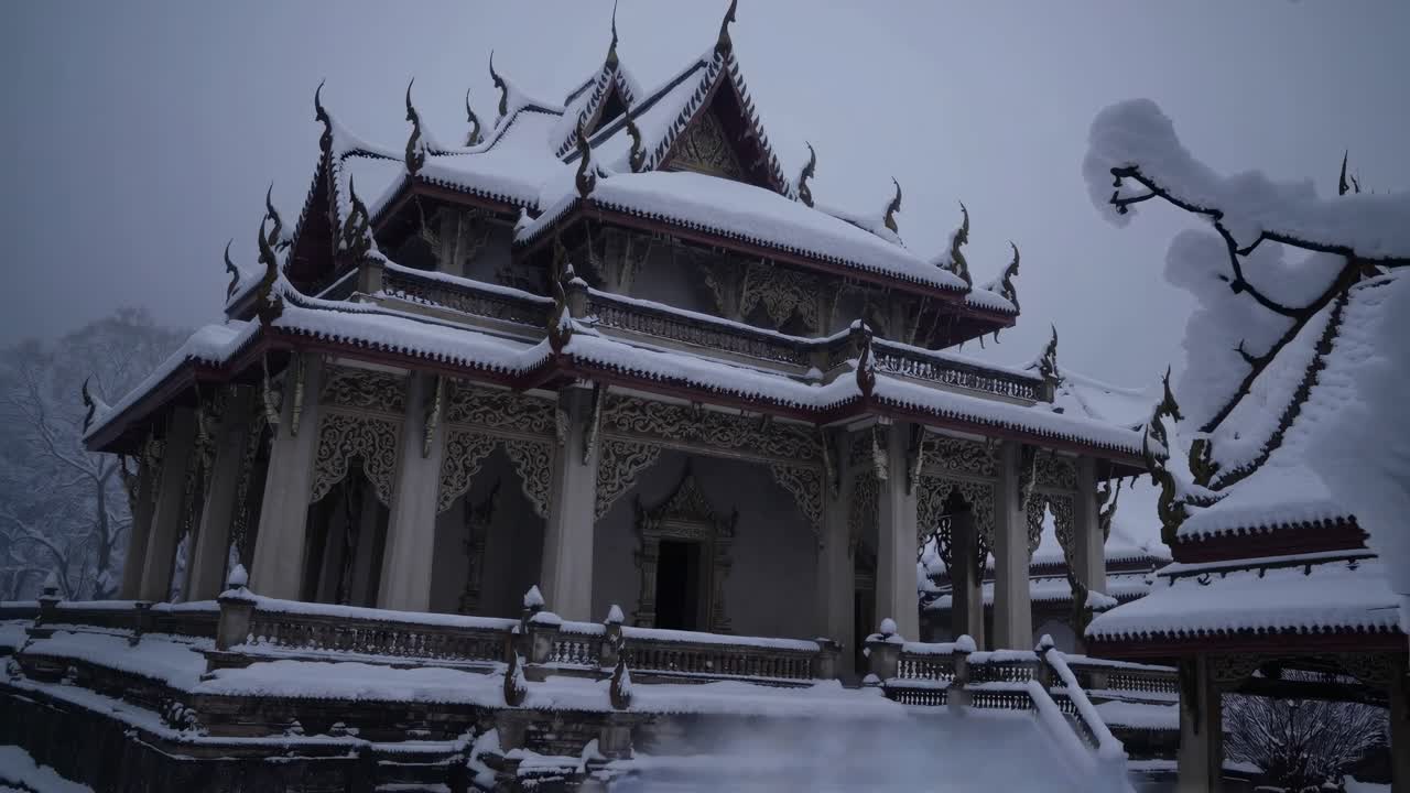 A serene, snow-covered temple captured at a low angle, highlighting intricate architecture