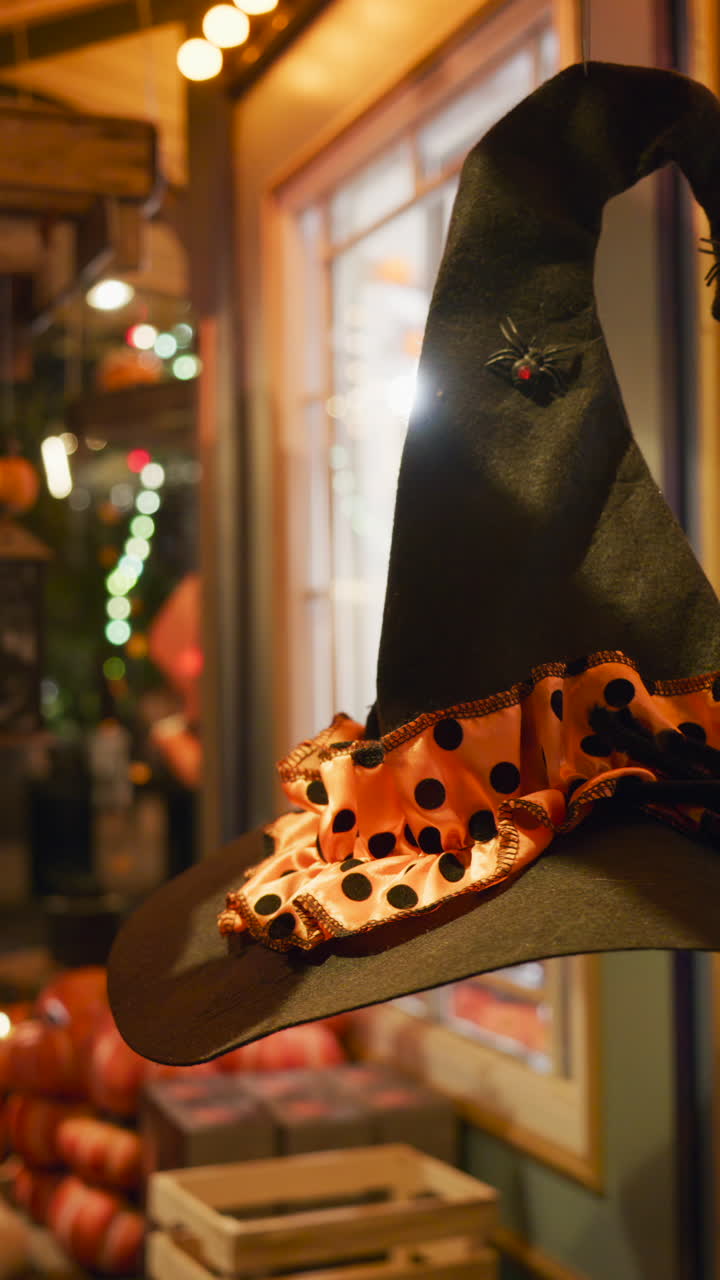 Halloween decorations in the Tivoli Gardens amusement park in Copenhagen, Denmark at night. Vertical