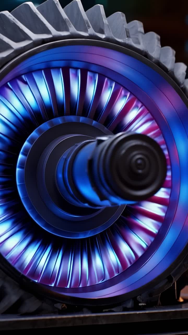 A Stunning Close-Up of a Turbine Engine with Vibrant Blue and Purple Lights Emphasizing the Intricate Details of its Rotor and Blade Design