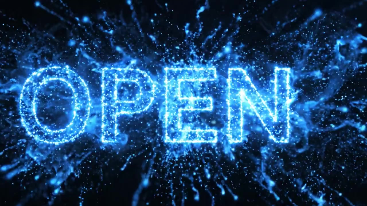 A captivating visual transformation showcasing the emergence of a dazzling 'OPEN' message through shimmering particles against a dark backdrop, symbolizing accessibility and opportunity.