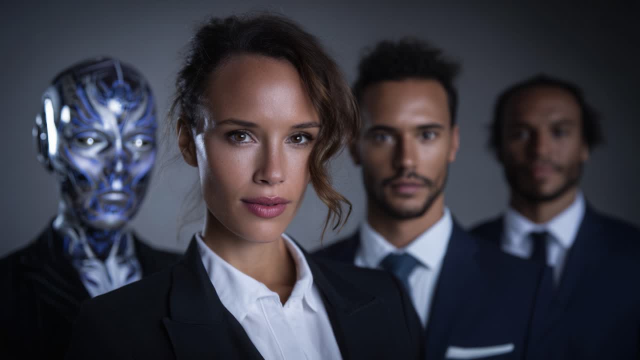 Un sofisticato ritratto di gruppo con una donna e due uomini in abiti professionali, con una figura robotica futuristica proprio dietro di loro, che mostra tecnologia e umanità.