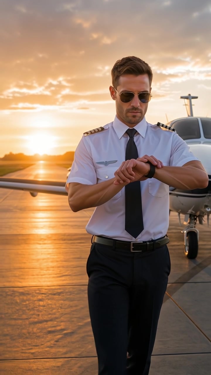 Pilota professionista in uniforme in piedi su una pista di atterraggio davanti a un aereo privato al tramonto