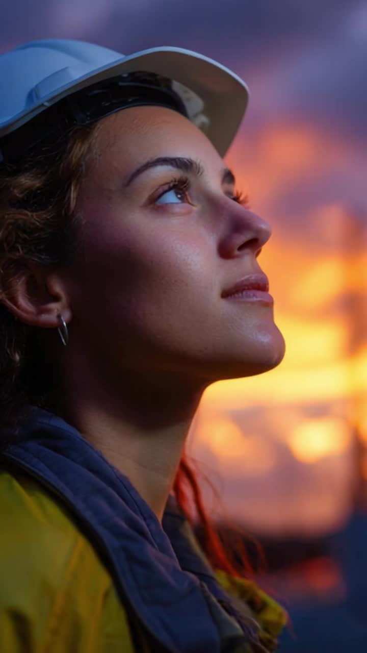 A Determined Young Woman in a Hard Hat Gazing Upward at a Breathtaking Sunset, Contemplating Her Future and Possibilities Beyond the Horizon