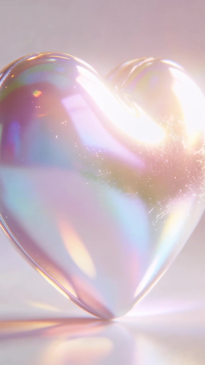 Video verticale: Cuore iridescente che ruota rivelando una cucitura mentre la luce principale si sposta sul pavimento dello studio.