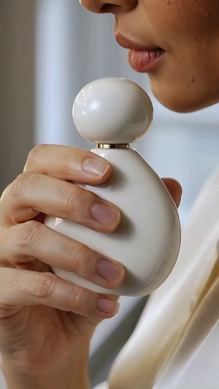 Vídeo vertical: Segurando um frasco na mão direita, mulher leva ao queixo perto da janela, vestindo blusa creme e sentindo o aroma