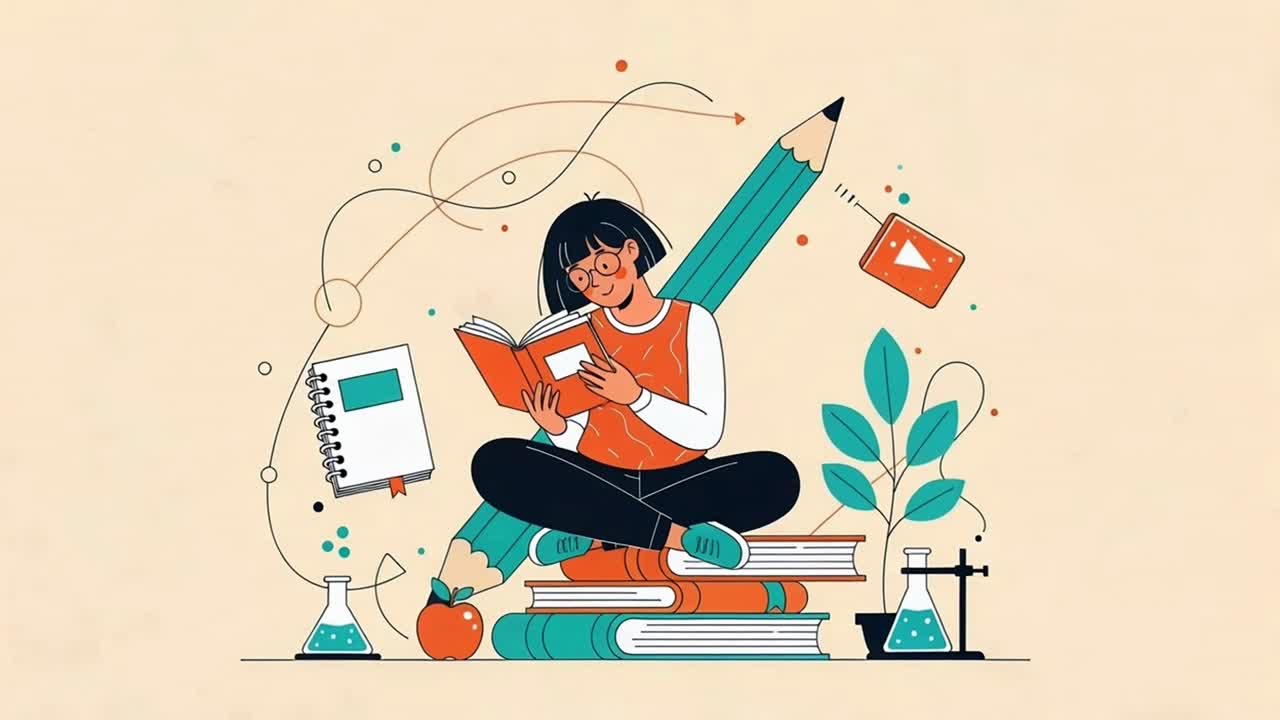 Young Student Studying and Learning with Books and Educational Icons