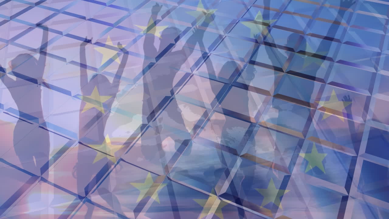animación de la cuadrícula sobre la bandera de la unión europea, con el cielo azul y la gente saltando de alegría