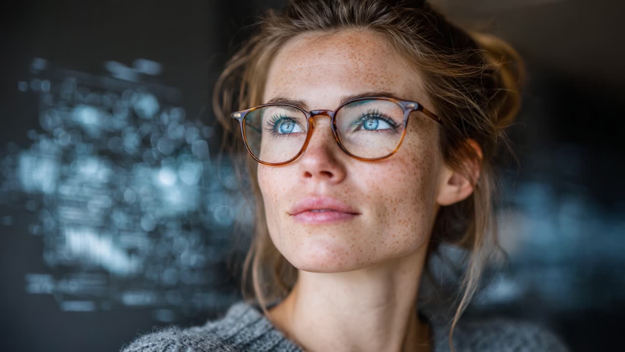 A thoughtful woman with glasses gazes into the distance, contemplating her next steps in life as soft light highlights her natural beauty and freckled skin
