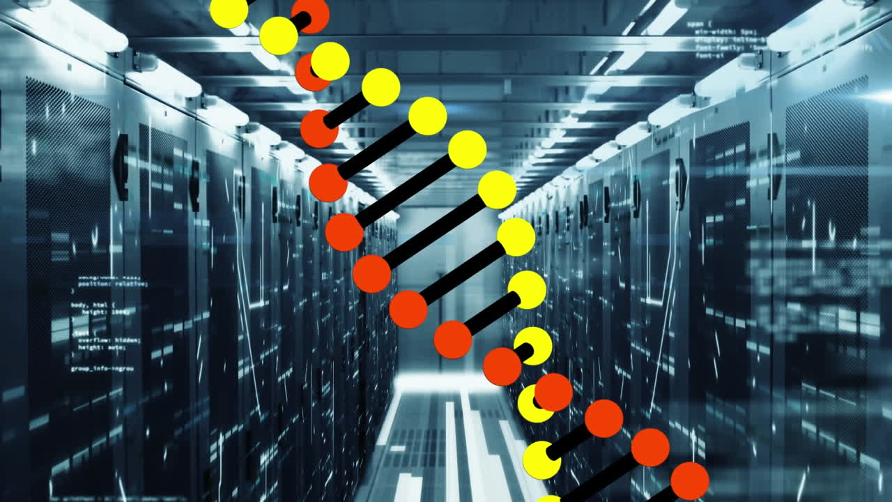 animación de la cadena de adn y procesamiento de datos a través de servidores informáticos