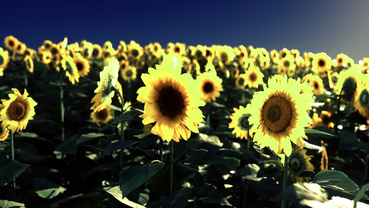 Sunflower field blooming under clear blue sky during golden hour
