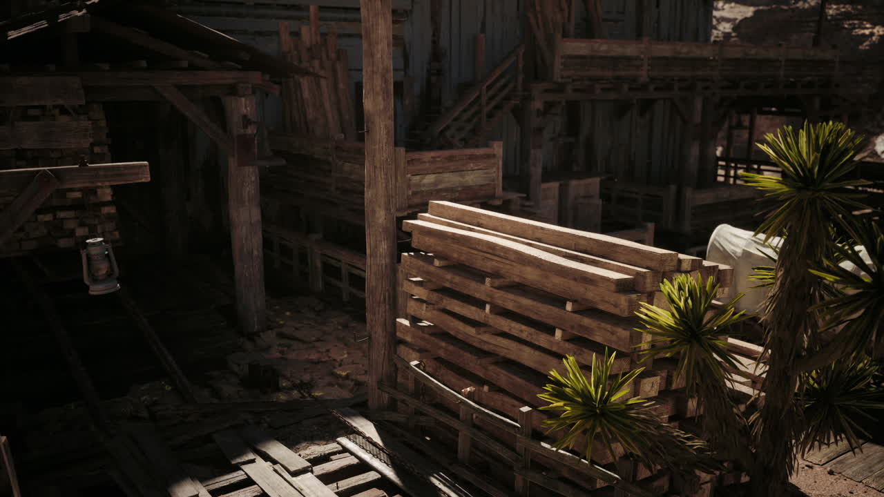 Rustic setting featuring an old wooden structure with pallets and plants