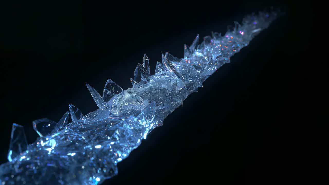 Tracking camera gliding along crystalline ridge, revealing jagged shards in dark studio, blue light