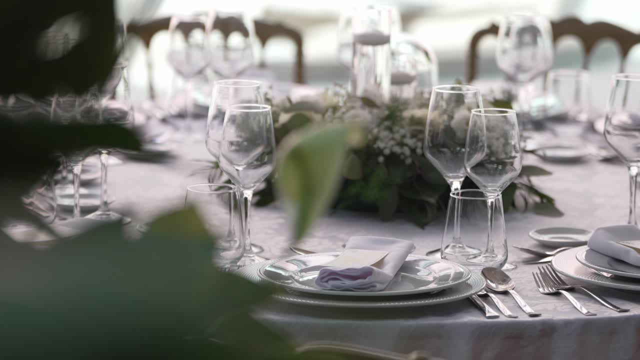 Elegant bryllupsborddækning med blomsteropsats, glas og raffineret borddækning