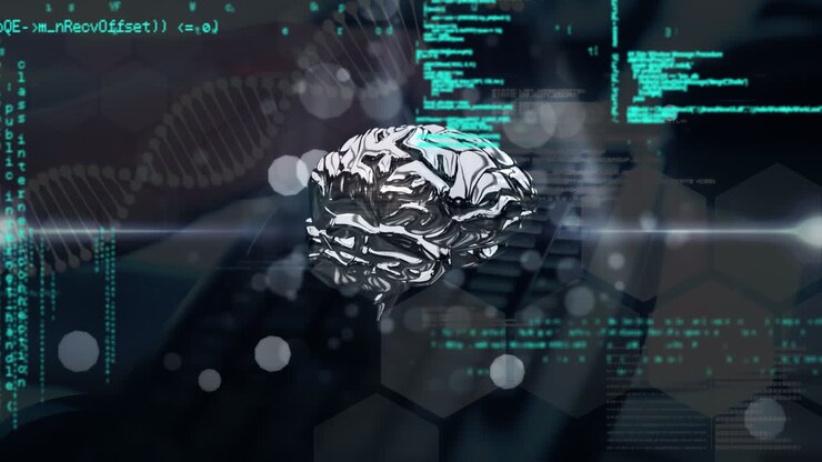 Animation of data processing and human brain over men using computer