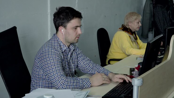 Young guy with earphones work at computer in the office