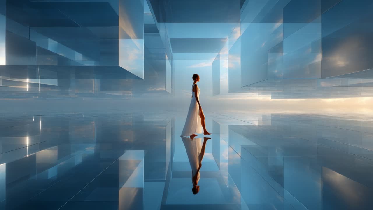 A Serene Journey Through a Dreamlike Landscape of Glass and Light, Where Reflection and Reality Intertwine in a Hypnotic Dance of Shadows and Whispers in an Ethereal Space