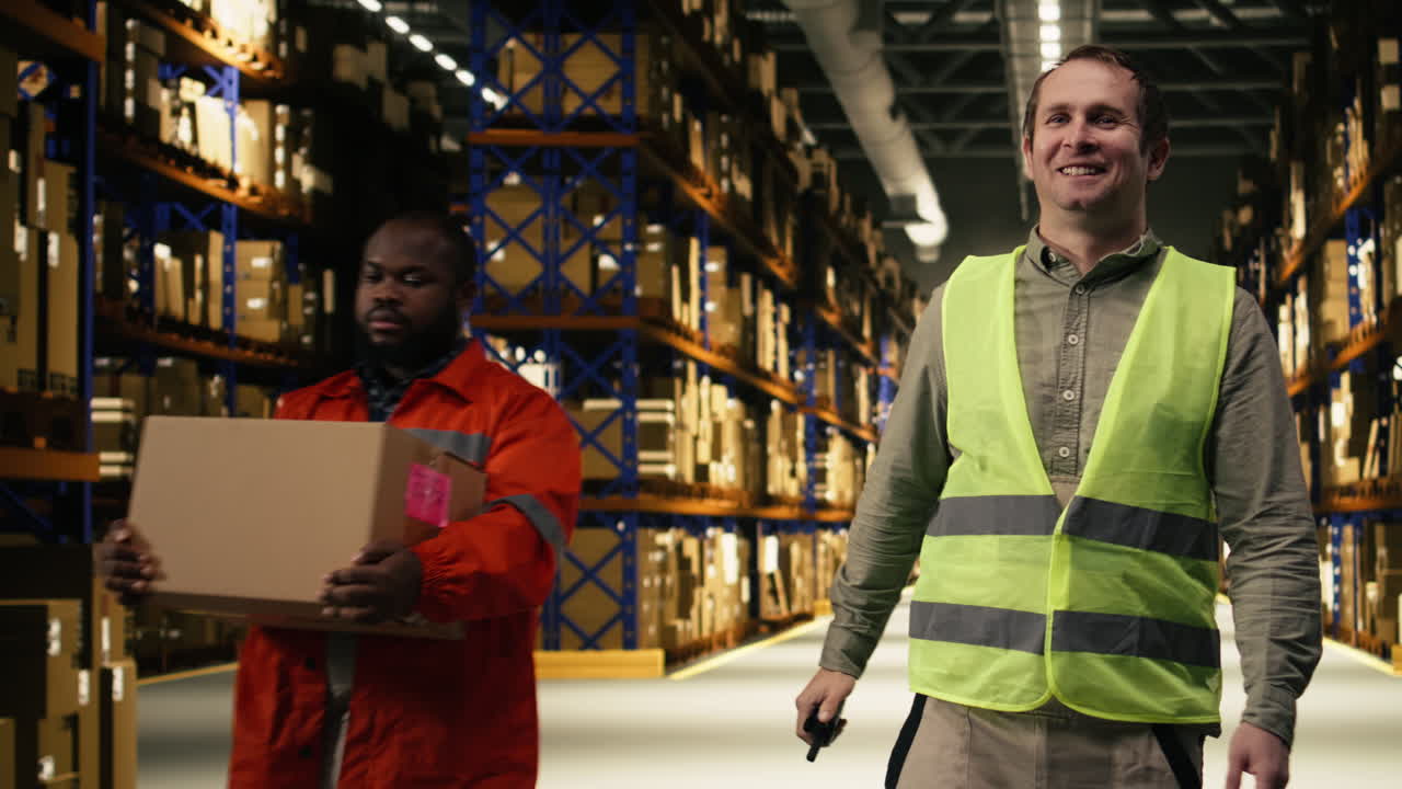 Professional using radio transmitter in industrial storage facility