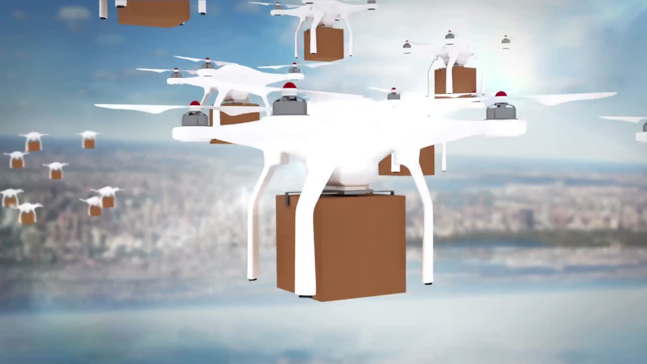 카드보드 상자를 들고 비행하는 드론의 디지털 이미지
