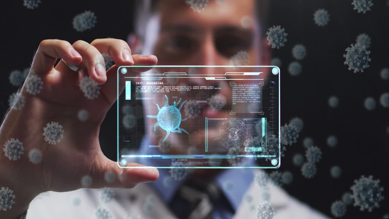 animación de las células del virus y interfaz digital sobre el médico masculino