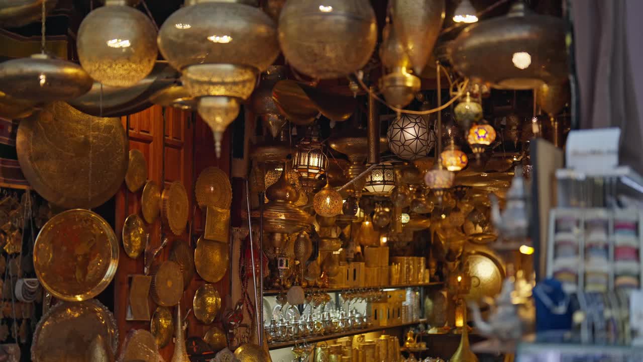 Moroccan Brass Lamps and Lanterns in a Traditional Market