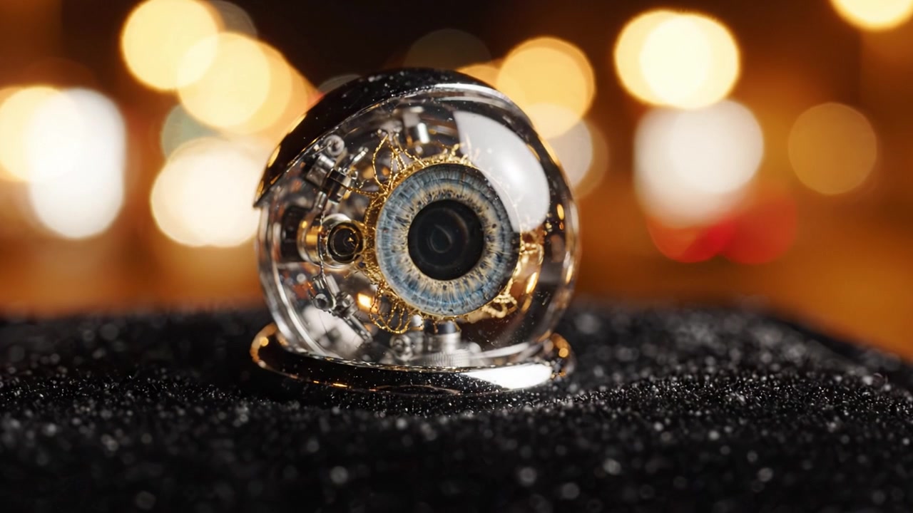 Design Intricato di un Oculare Cristallino che Mostra Componenti Meccanici ed Elementi Riflettenti in uno Sfondo Bokeh Scintillante