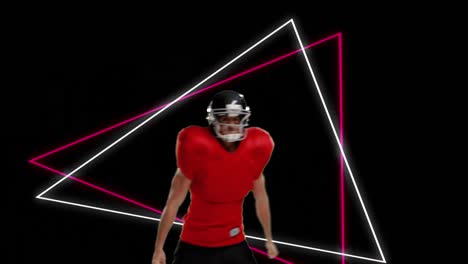 animation of red and white neon triangles and caucasian male american football player celebrating