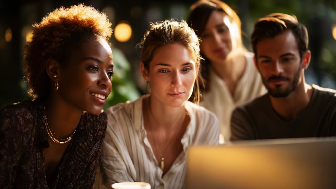 A Diverse Group of Friends Engaging with Technology While Collaboratively Working on a Project or Sharing Ideas Over a Laptop in a Cozy, Aesthetic Environment Filled with Warm Lights
