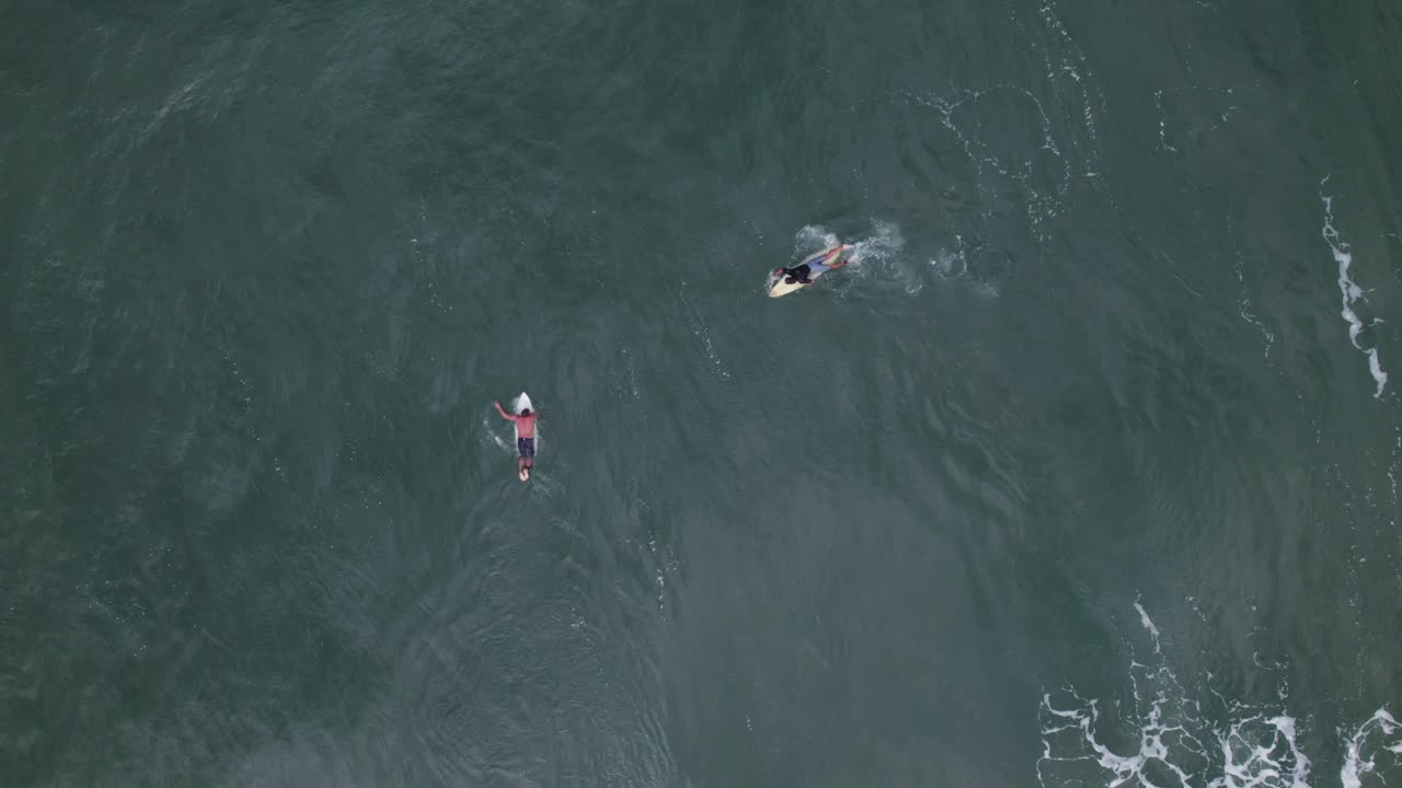 서핑하는 사람들을 보여주는 드론 평면도