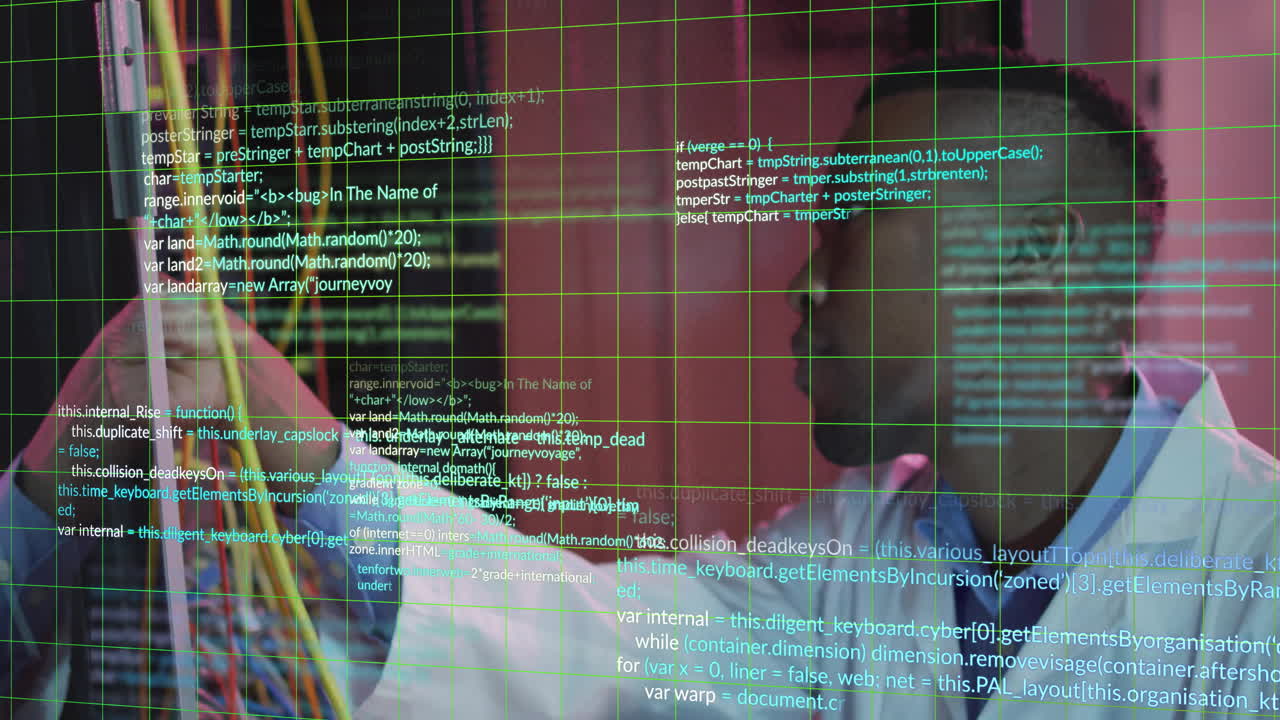 Animation of data processing over african american scientist in server room