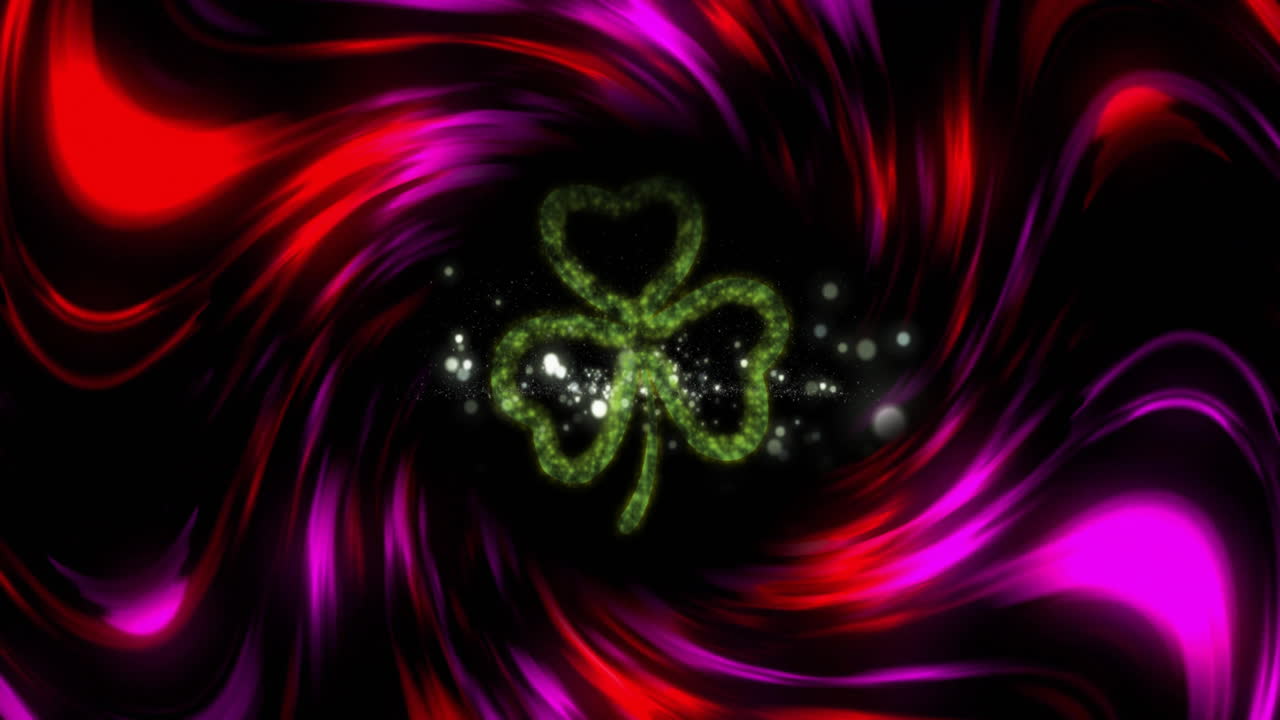 Glowing shamrock and fireworks animation over swirling red and purple background