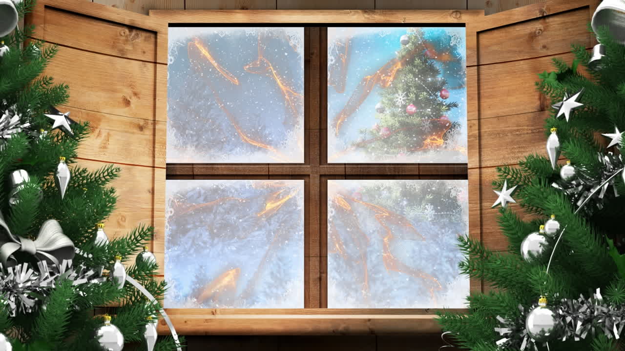 Animation af faldende sne over et vindue med juledekorationer.
